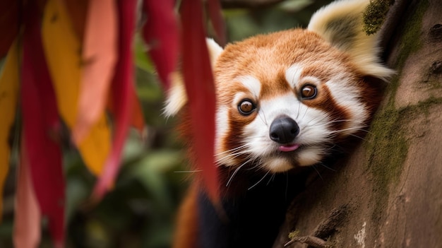 Eine Nahaufnahme eines roten Pandas, der aus einem Baum späht. Generatives KI-Bild