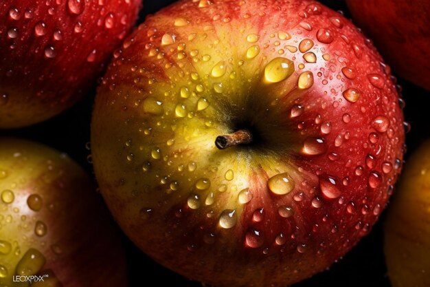 Eine Nahaufnahme eines roten und gelben Apfels mit Wassertröpfchen darauf.