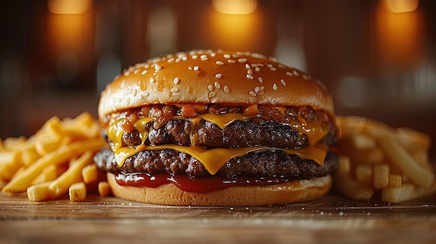 Eine Nahaufnahme eines saftigen Cheeseburgers mit geschmolzenem Käse, der von den Seiten aussickert und mit einem