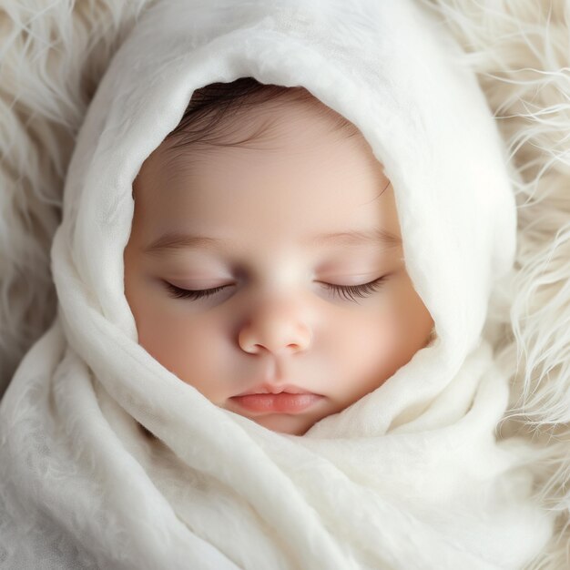 eine Nahaufnahme eines schlafenden Babys, das eng in eine weiße Decke gewickelt ist Generative KI