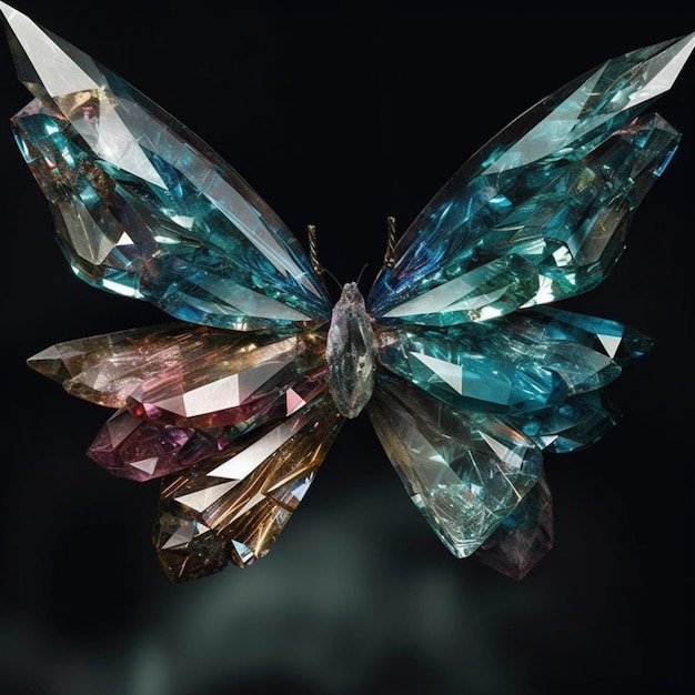 Eine Nahaufnahme eines Schmetterlings mit vielen Kristallen auf seinen Flügeln, generative KI