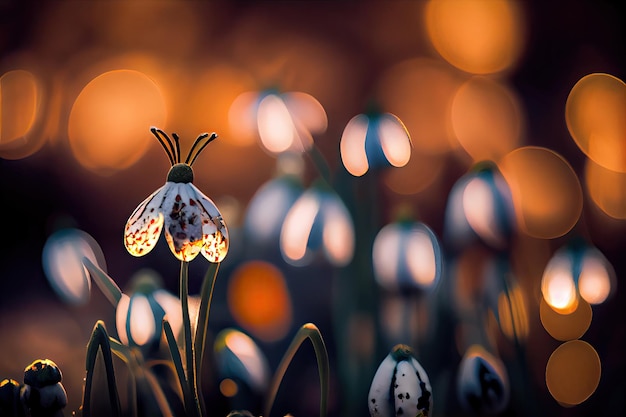 Foto eine nahaufnahme eines schneeglöckchens mit bokeh anderer winterblumen im hintergrund