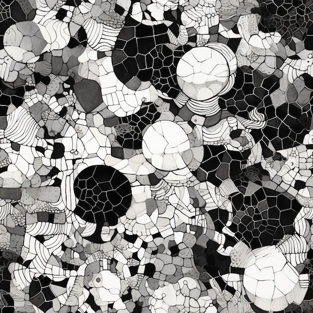 Eine Nahaufnahme eines Schwarz-Weiß-Mosaiks verschiedener Objekte