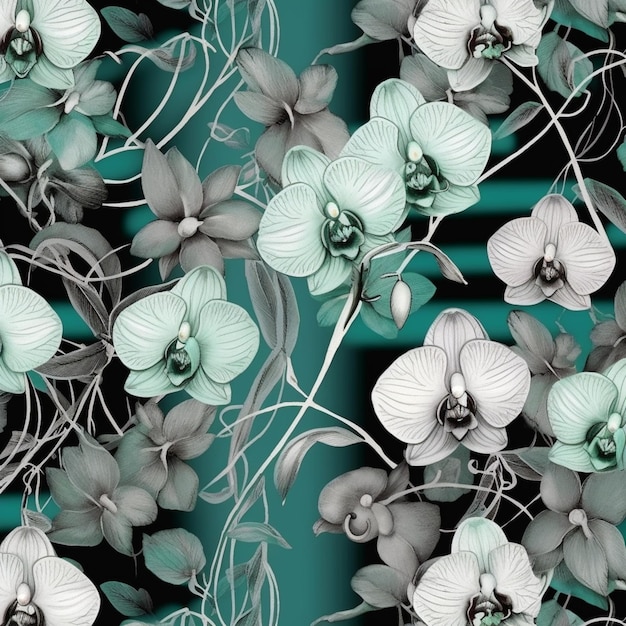 Eine Nahaufnahme eines schwarz-weißen Blumenmusters mit grünem Hintergrund, generativer KI
