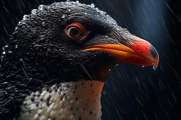 eine Nahaufnahme eines schwarz-weißen Pinguins mit einem roten Schnabel