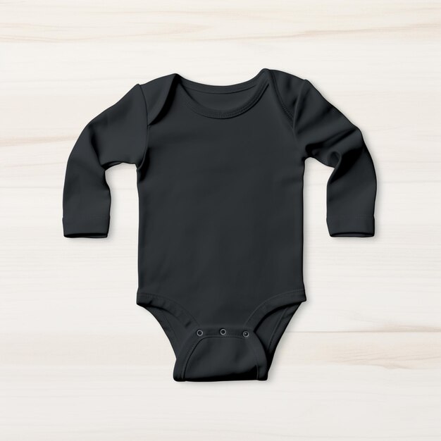 eine Nahaufnahme eines schwarzen Baby-Bodiesuits auf einer hölzernen Oberfläche