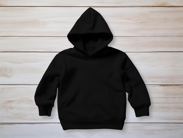 Foto eine nahaufnahme eines schwarzen hoodie auf einer hölzernen oberfläche generative ai