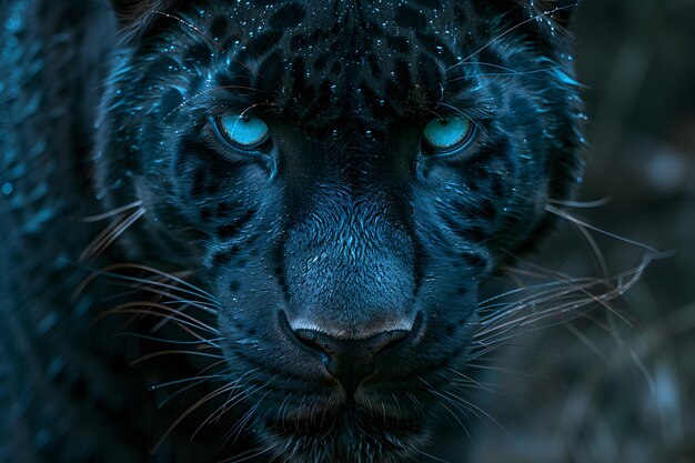 Eine Nahaufnahme eines schwarzen Leoparden mit blauen Augen