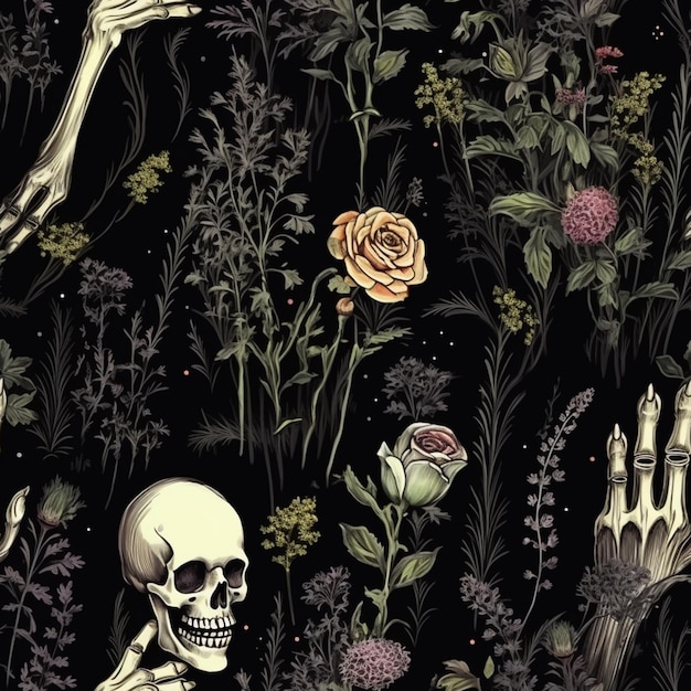 eine Nahaufnahme eines Skeletts und Blumen auf schwarzem Hintergrund, generative KI
