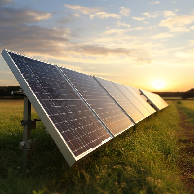 eine Nahaufnahme eines Solarpanels auf einem Feld mit dem untergehenden Sonnenuntergang