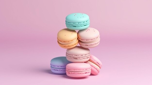 Eine Nahaufnahme eines Stapels Macarons auf einem rosa Hintergrund