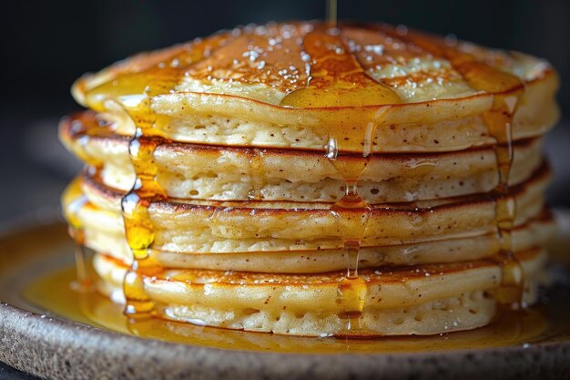 Eine Nahaufnahme eines Stapels Pfannkuchen mit Syrup, der an den Seiten tropft