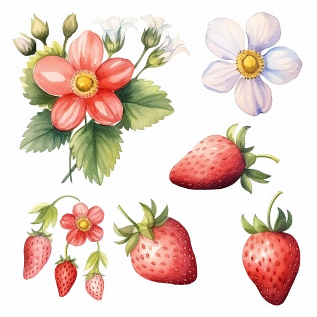 Foto eine nahaufnahme eines straußes erdbeeren mit blumen auf weißem hintergrund, generative ki