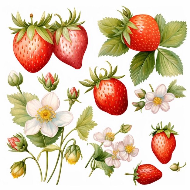 Eine Nahaufnahme eines Straußes Erdbeeren mit generativen Blättern und Blüten