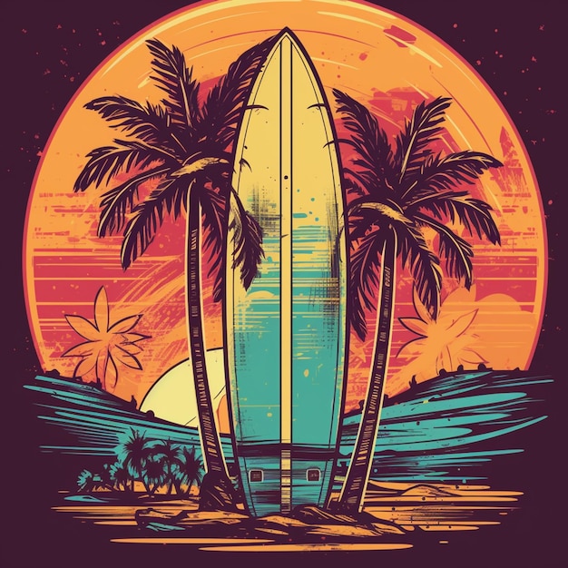 Eine Nahaufnahme eines Surfbretts mit Palmen am Strand. Generative KI