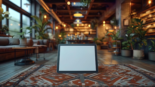 Eine Nahaufnahme eines Tablets mit einem leeren Bildschirm vor einem modernen Büro-Hintergrund, der bereit ist für ein
