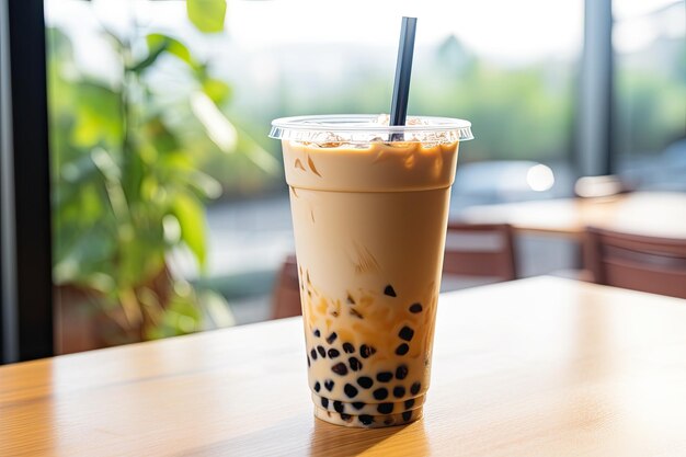 Eine Nahaufnahme eines Taiwan-Milch-Bubble-Tees auf einem Holztisch in einem Café-Restaurant