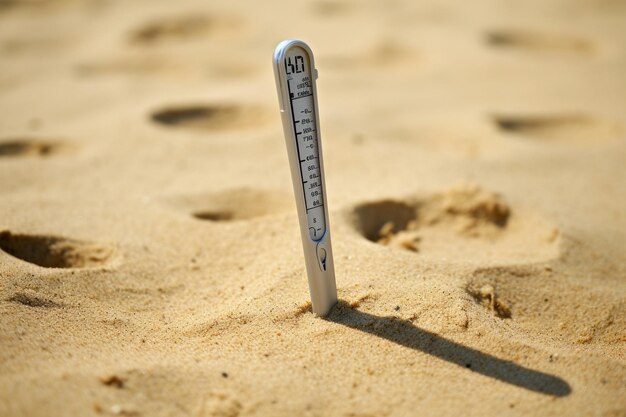 Eine Nahaufnahme eines Thermometers im Strandsand