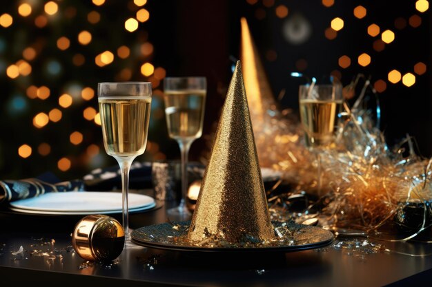 Eine Nahaufnahme eines Tisches, der mit Neujahrsdekorationen geschmückt ist, darunter glitzernde Kerzen, funkelndes Konfetti und elegante Champagnergläser von Generative AI