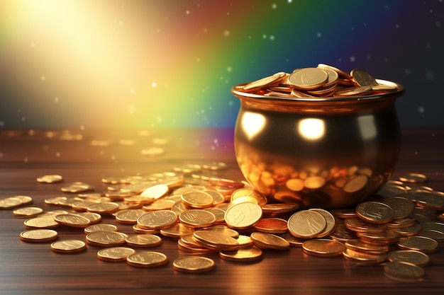 Eine Nahaufnahme eines Topfes mit Goldmünzen mit einem Regenbogen in 00046 02