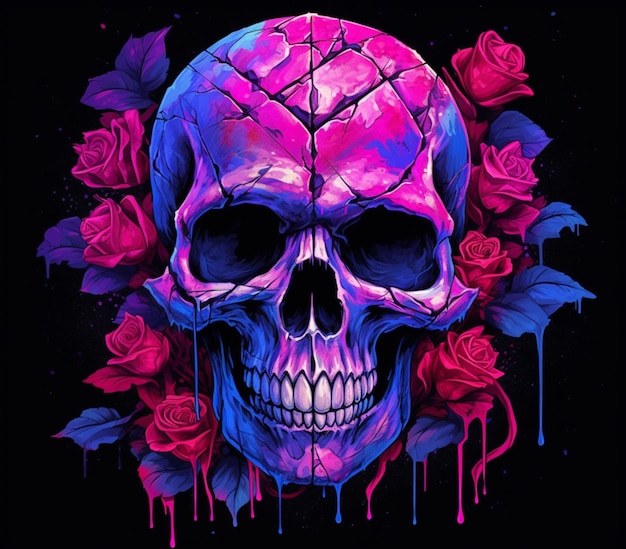 Eine Nahaufnahme eines Totenkopfes mit Rosen auf schwarzem Hintergrund, generative KI