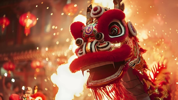 Eine Nahaufnahme eines traditionellen chinesischen Löwen-Tanzers, der während eines Festivals auftritt. Der Löwe besteht aus rotem und goldem Stoff und hat große ausdrucksstarke Augen