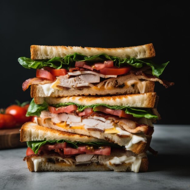 Eine Nahaufnahme eines übereinander gestapelten Sandwichs. Generatives KI-Bild