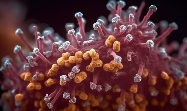 Eine Nahaufnahme eines Virus mit gelben Bällen