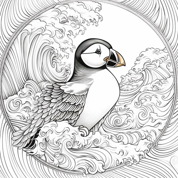 eine Nahaufnahme eines Vogels auf einer Welle mit einem Kreis im Hintergrund generative ai