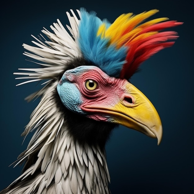 Eine Nahaufnahme eines Vogels mit buntem Kopf und blauem Hintergrund. Generative KI