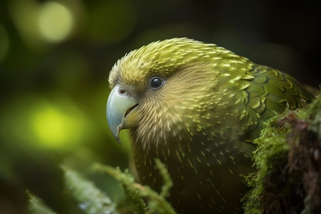 Eine Nahaufnahme eines Vogels mit grünem Schnabel und schwarzer Nase.