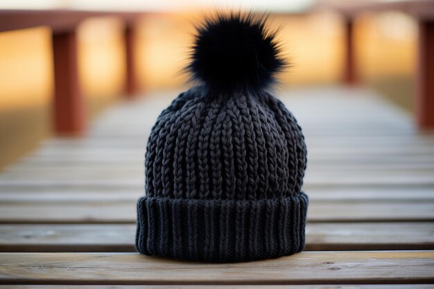 Foto eine nahaufnahme eines von holzkohle gehauenen beanie mit einem fälschpelz-pompon, der auf einer holzoberfläche ruht