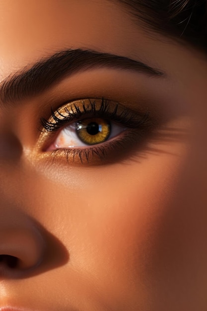 Eine Nahaufnahme eines weiblichen Auges mit einem goldbraunen Lidschatten.