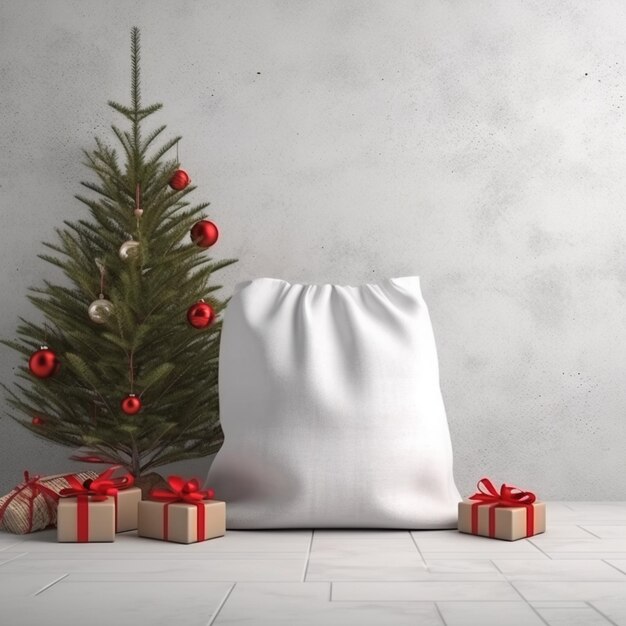 Eine Nahaufnahme eines Weihnachtsbaums mit Geschenken in der Nähe eines Kissens