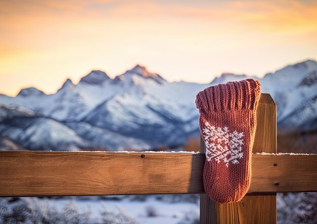 Eine Nahaufnahme eines Weihnachtsstrumpfs, der an einem rustikalen Holzzaun mit schneebedeckten Bergen hängt