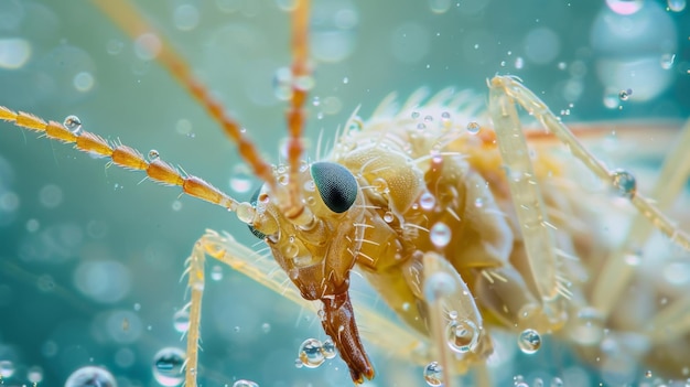 Eine Nahaufnahme eines winzigen Insekten-Eierlegers, der von winzigen Flüssigkeitströpfchen umgeben ist