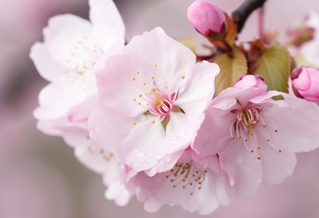 Eine Nahaufnahme eines zarten Kirschblütenzweigs im Frühling