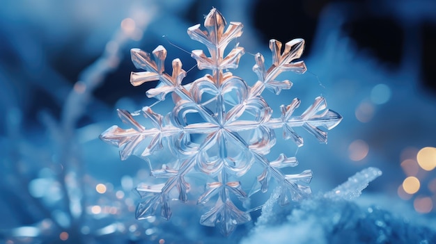 Eine Nahaufnahme eines zarten Schneeflockenornaments aus Glas
