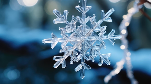 Eine Nahaufnahme eines zarten Schneeflockenornaments aus Glas