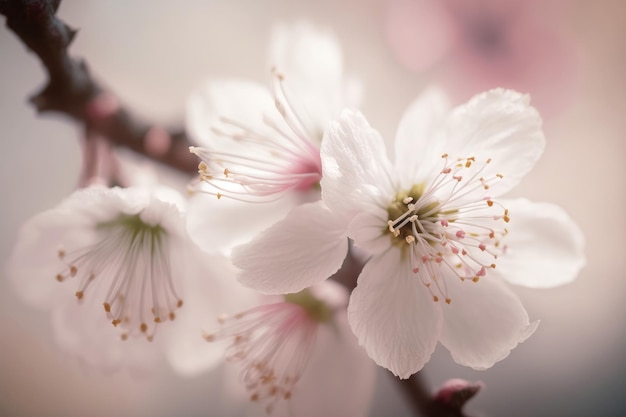 Eine Nahaufnahme eines Zweiges einer Kirschblüte mit rosa Blüten