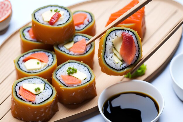 Eine Nahaufnahme köstlichen Sushis mit perfekt geschnittenen Scheiben und leuchtenden Farben, die für ein unwiderstehliches orientalisches Speiseerlebnis sorgen. Generiert von AI