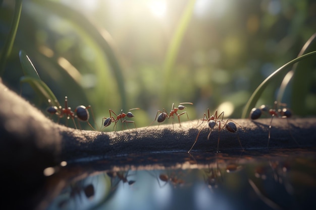 Eine Nahaufnahme von Ameisen auf einem Ast mit Wasser im Hintergrund