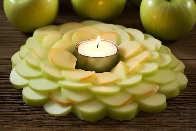 Eine Nahaufnahme von Apfelscheiben, die in einem kreisförmigen Muster auf einem weißen Teller angeordnet sind