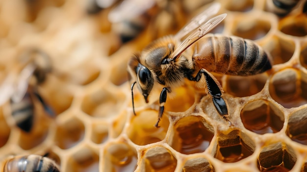 Eine Nahaufnahme von Arbeitsbienen auf Honigzellen