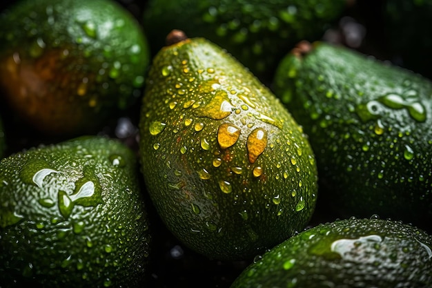 Eine Nahaufnahme von Avocados mit Wassertröpfchen darauf