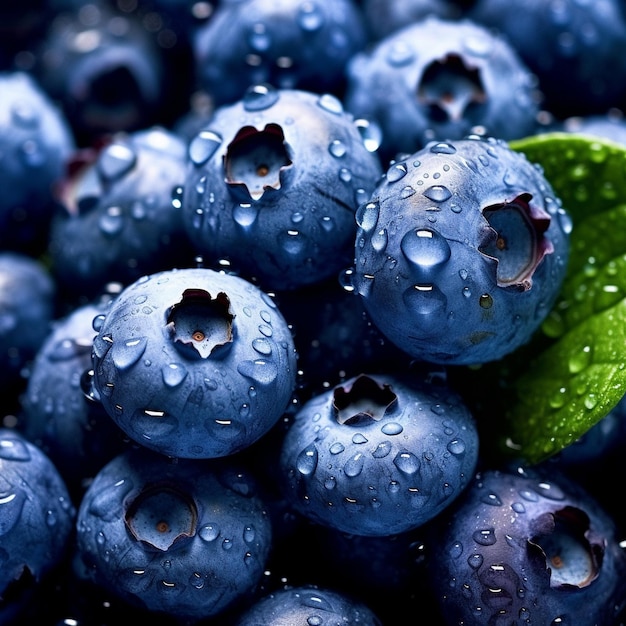 eine Nahaufnahme von Blaubeeren mit einem grünen Blatt in der Mitte.