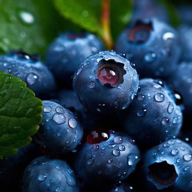 eine Nahaufnahme von Blaubeeren mit Regentropfen darauf.