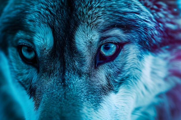 eine Nahaufnahme von blauen Augen eines Wolfes