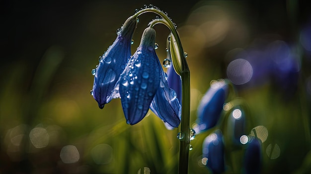 Eine Nahaufnahme von blauen Blumen mit Regentropfen darauf