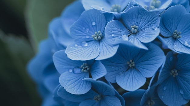 Eine Nahaufnahme von blauen Blumen mit Wassertropfen darauf